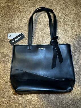 Karl Lagerfeld Paris Louise Bow Tote Leather Shoulder Bag Black